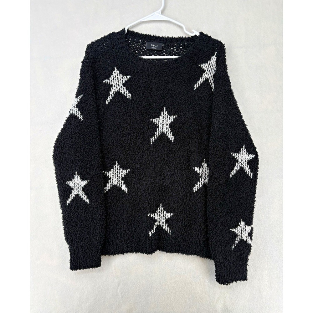 VICI Black White Star Fuzzy Knit Crewneck Pullover Sweater Women's M